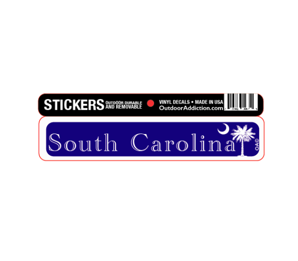 South Carolina with palm tree 1 x 5 inches mini bumper sticker Make a statement with these great designs sized perfectly for items like computers, cell phones or bigger items like your car! Dimensions: 1" x 5 inch -Printed vinyl -Outdoor durable and ultra removable -Waterproof